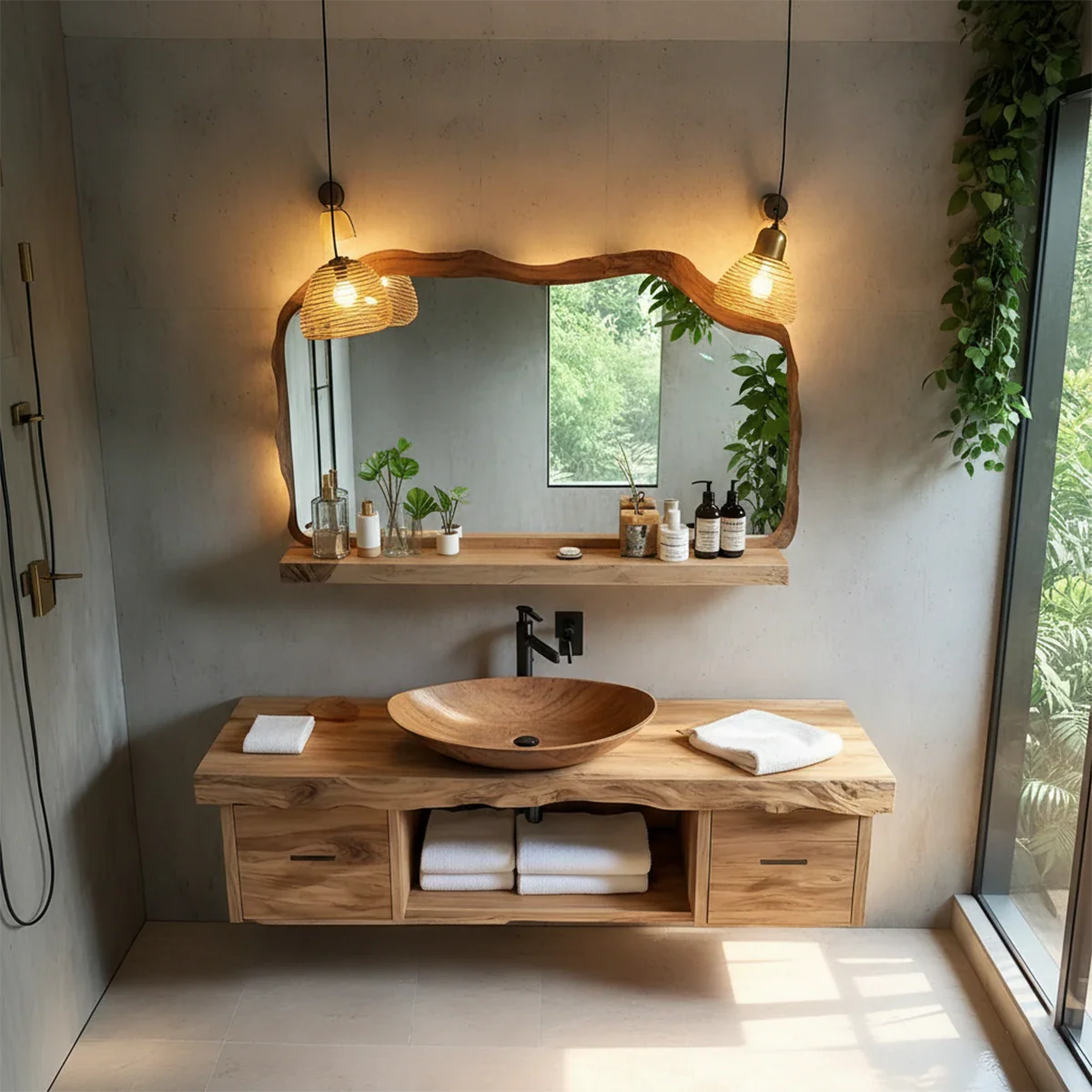 Live Edge Natural Solid Wood Floating Vanity With Wood Vessel Sink - ArborisWood - 6