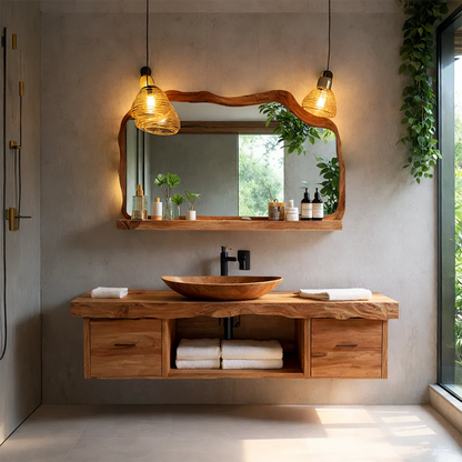 Live Edge Natural Solid Wood Floating Vanity With Wood Vessel Sink - ArborisWood - 8