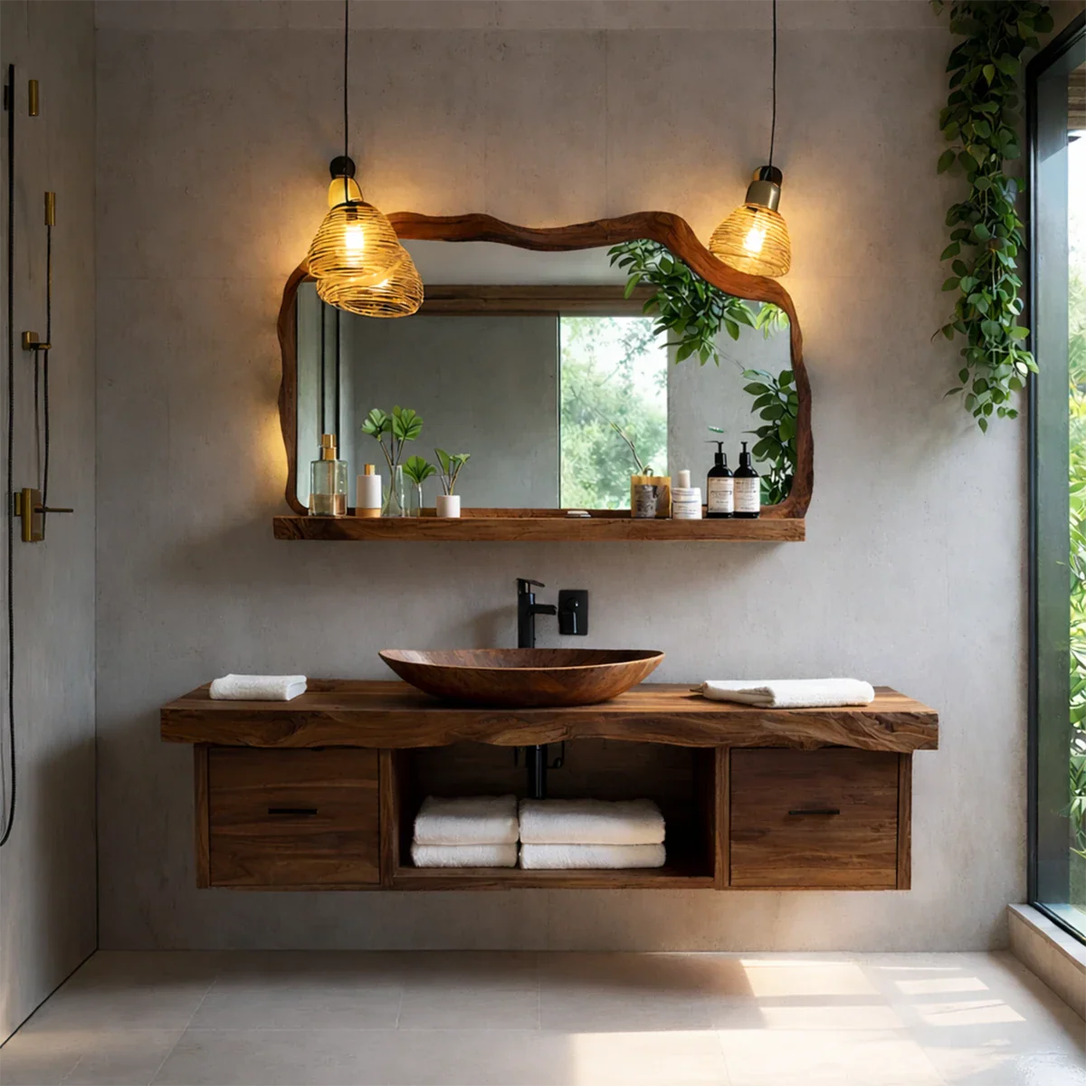 Live Edge Natural Solid Wood Floating Vanity With Wood Vessel Sink - ArborisWood - 9