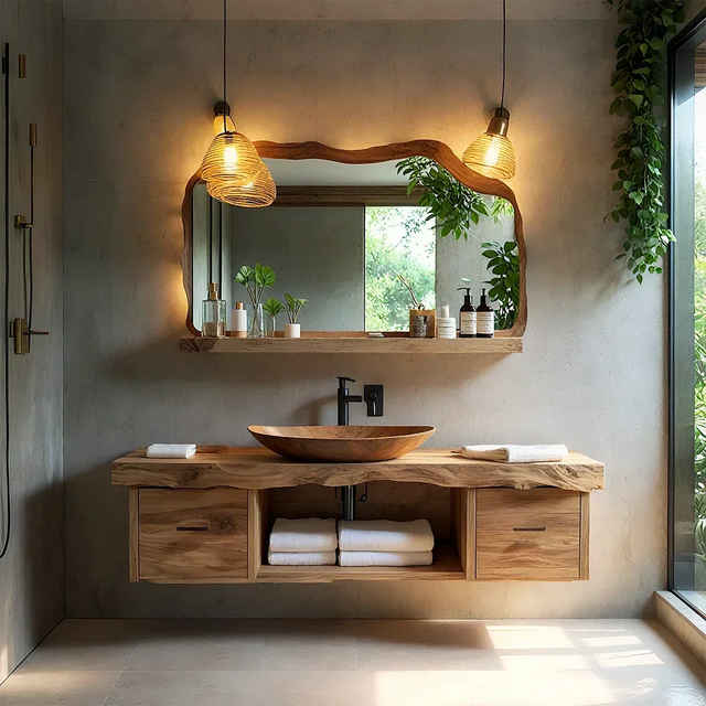 Live Edge Natural Solid Wood Floating Vanity With Wood Vessel Sink - Arboriswood