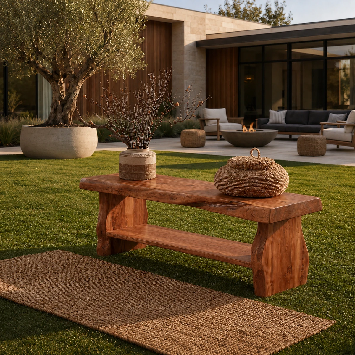 Sculptural bench with lower shelf styled in a modern patio for elegant outdoor seating