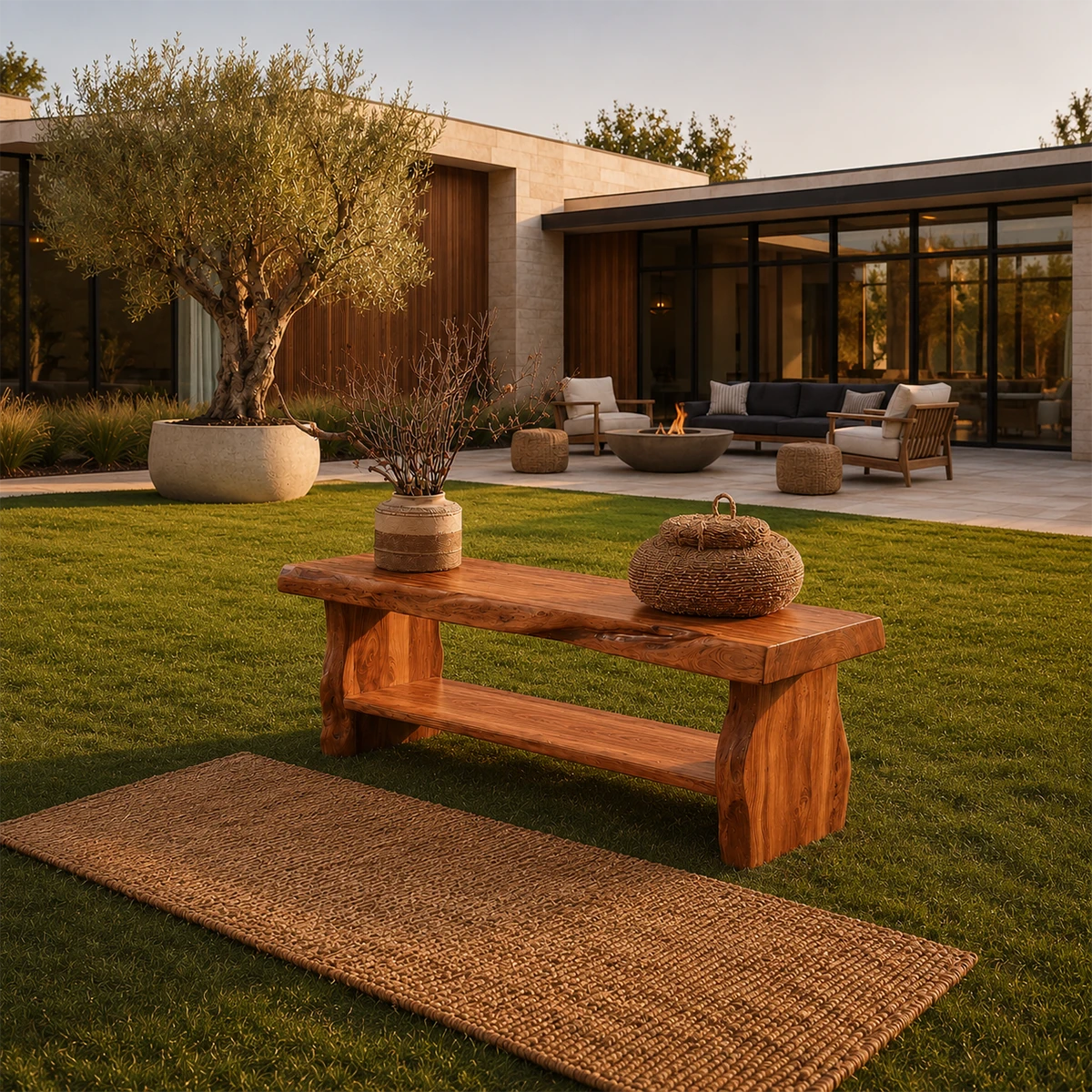 Organic modern bench with sculpted legs and shelf display in a serene garden setting