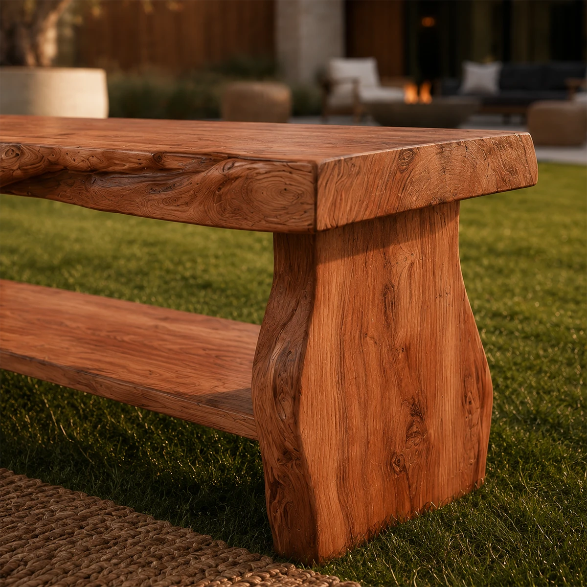 Rustic style bench with thick plank top and display shelf for a curated patio look