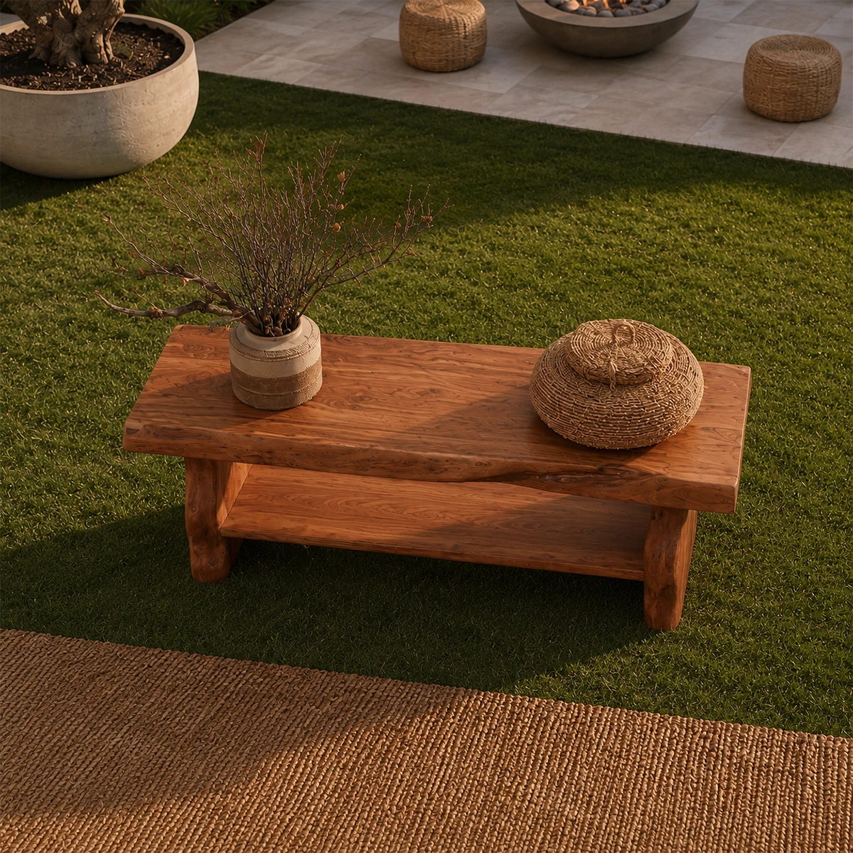 Handcrafted wood bench with open lower shelf placed on a lawn beside a woven rug