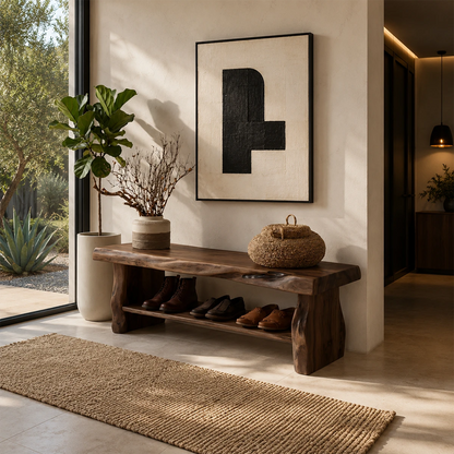 Designer accent bench with natural grain and shelf storage in a refined outdoor space