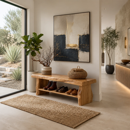 Statement bench with sculptural supports and a second tier for functional display