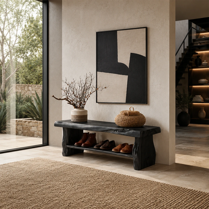 Contemporary bench with organic edges and lower shelf in a luxury backyard retreat