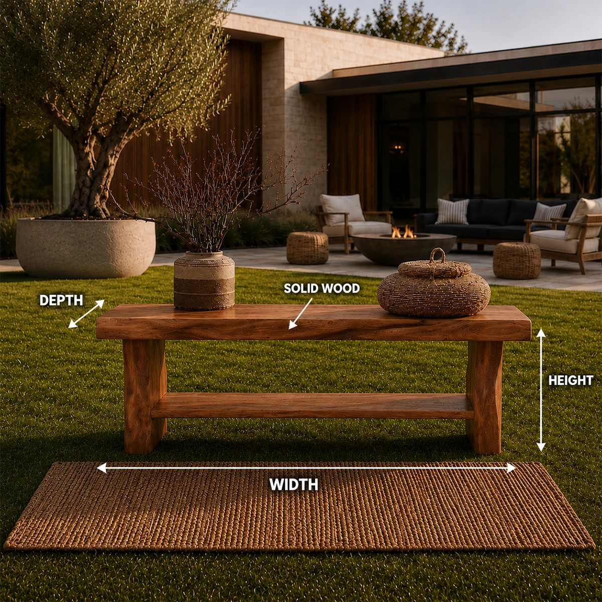 Minimalist patio bench with strong slab form and shelf space for baskets or pottery