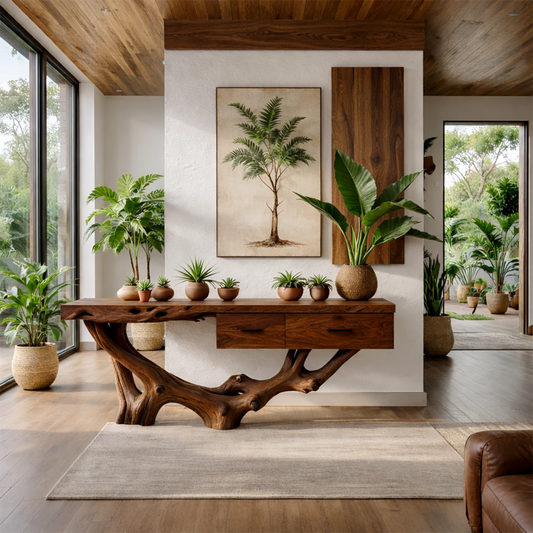 Modern home interior featuring a live edge solid wood console table with organic root style base
