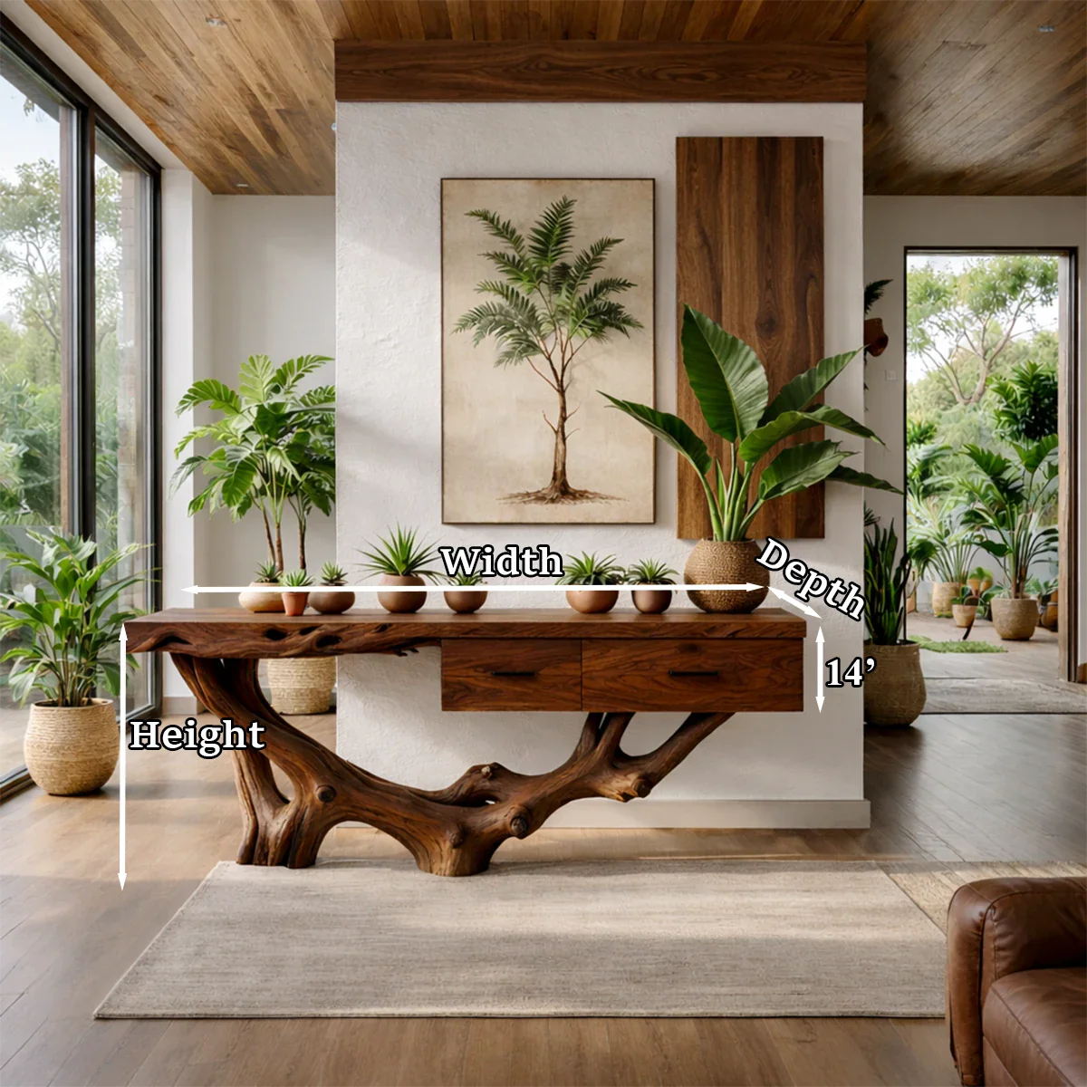 Elegant home design centered around a console table with live edge top and flowing base