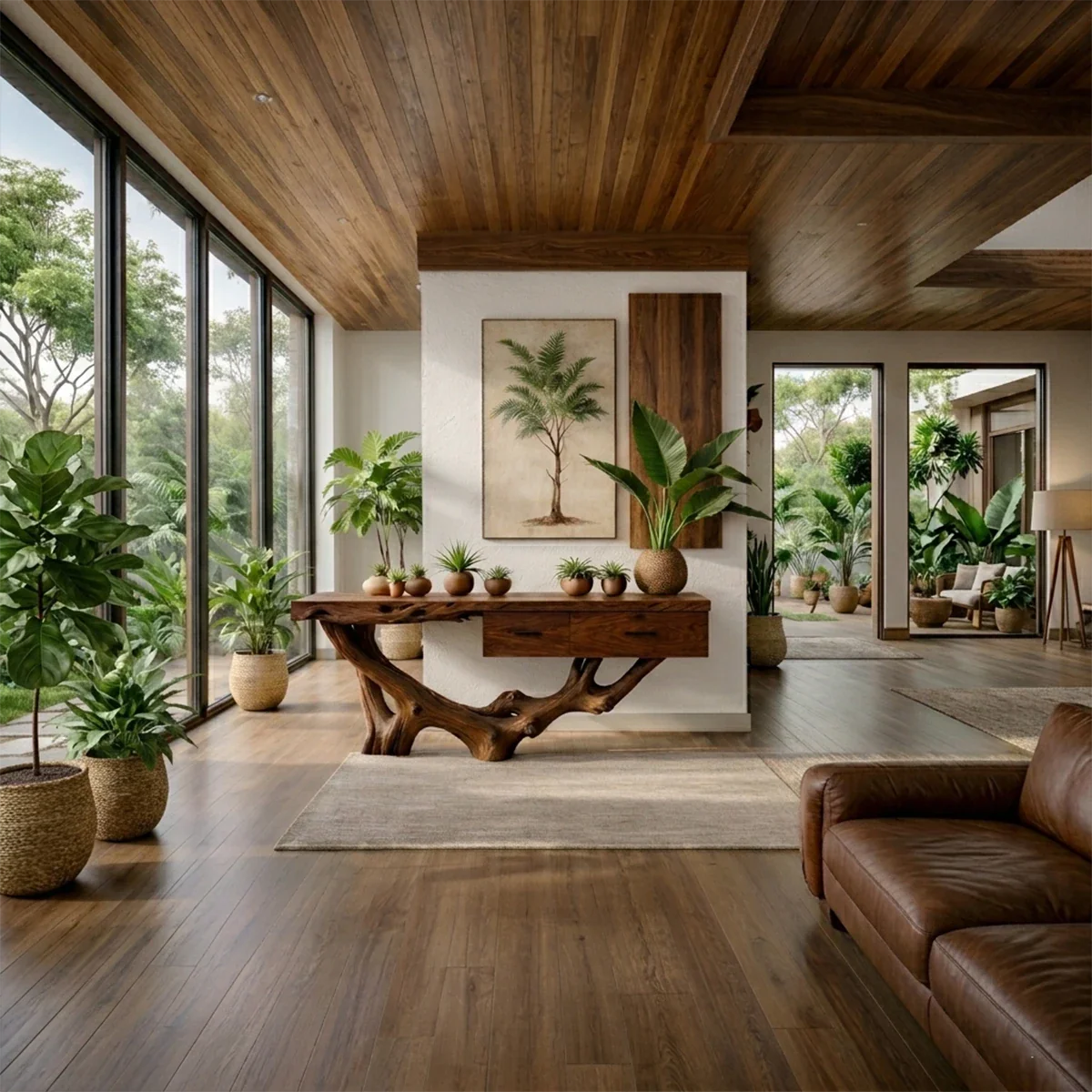 Handcrafted console table with organic wood structure brings depth and character to this space
