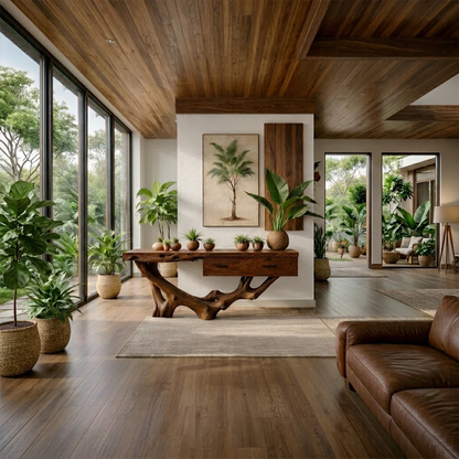 Handcrafted console table with organic wood structure brings depth and character to this space