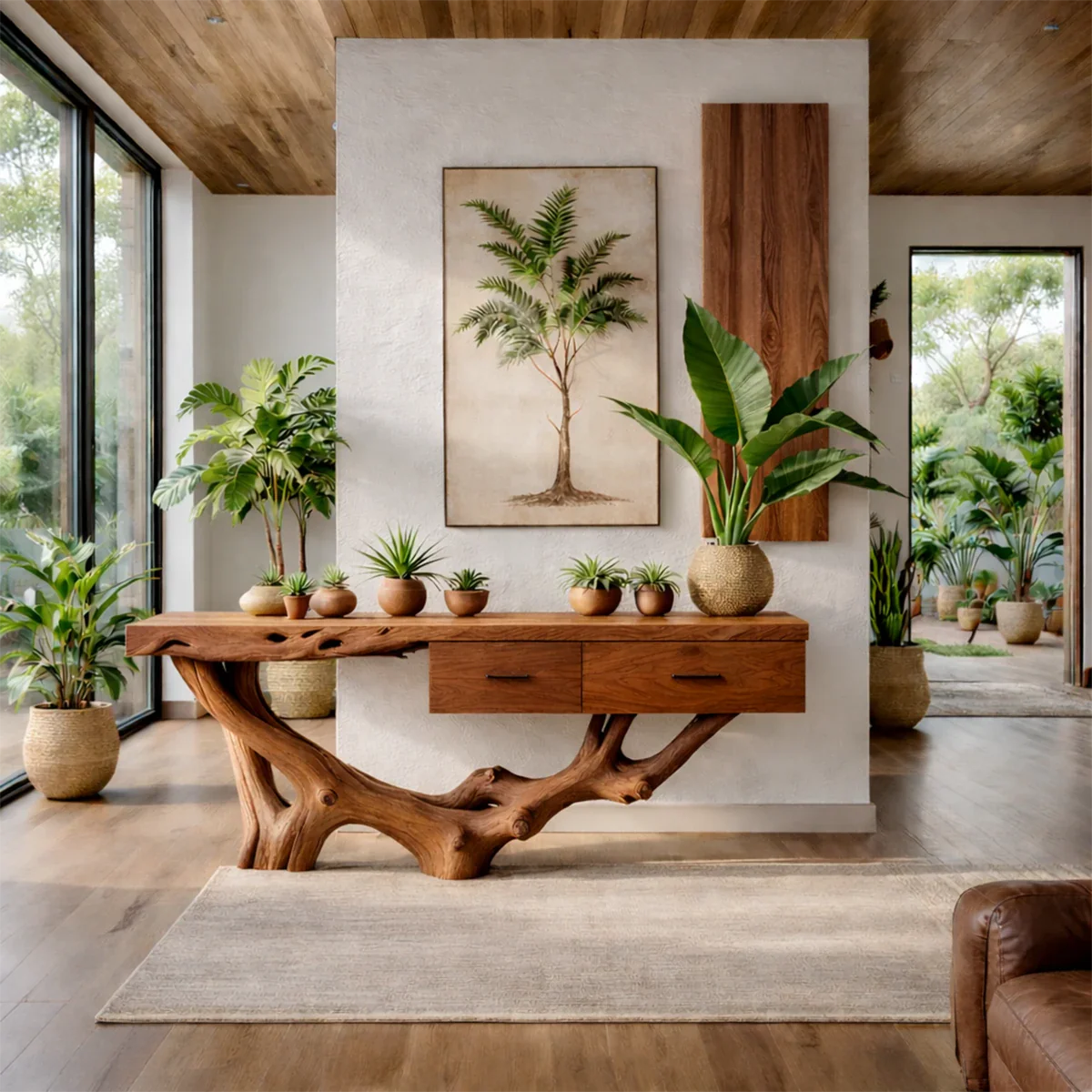 Refined living space showcasing a handcrafted console table with organic form and rich grain