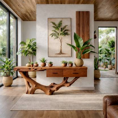 Refined living space showcasing a handcrafted console table with organic form and rich grain