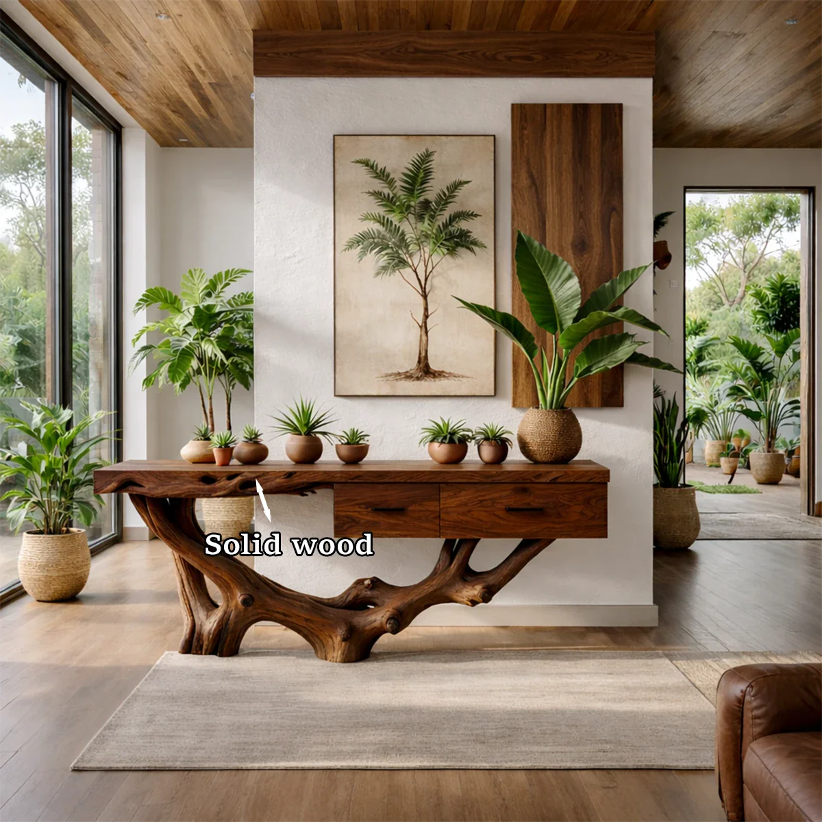 This interior highlights a wood console table with natural root base and warm organic texture