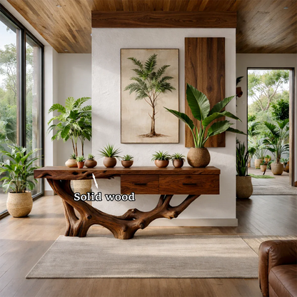 This interior highlights a wood console table with natural root base and warm organic texture