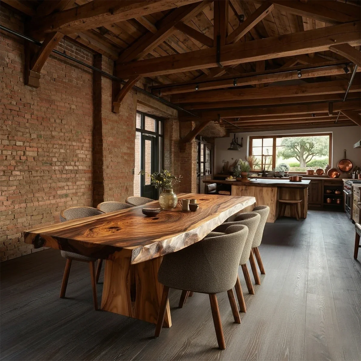 Industrial loft dining space featuring a live edge solid wood dining table with bold natural grain