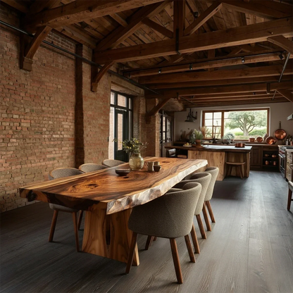 Industrial loft dining space featuring a live edge solid wood dining table with bold natural grain