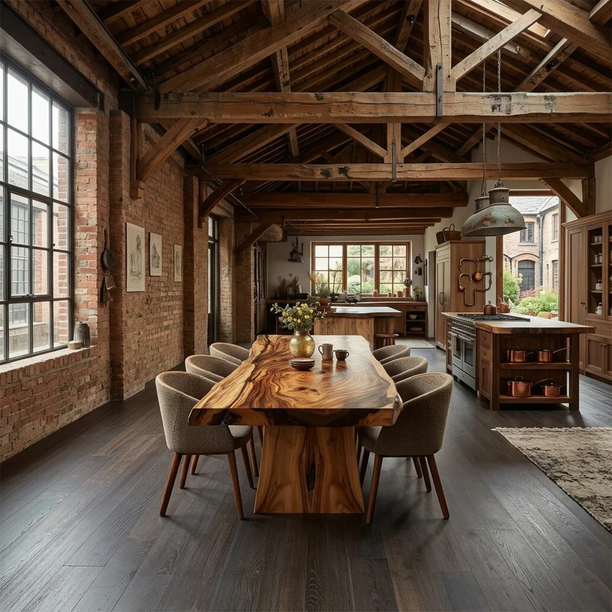 A modern rustic dining table with organic wood slab placed in an exposed brick loft interior