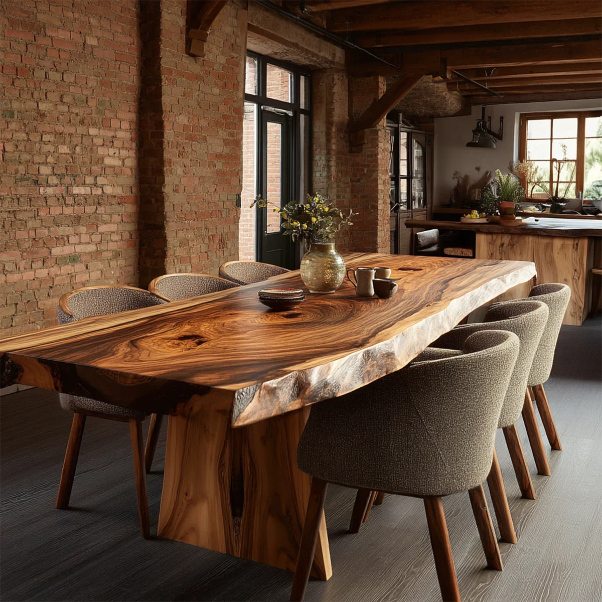 Solid wood dining table with sculptural base, perfect for industrial style kitchen and dining area