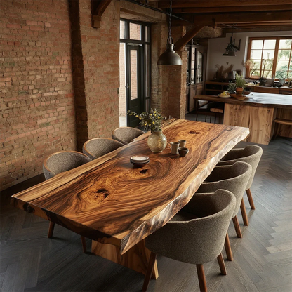 Warm loft interior with wooden dining table showcasing natural grain and handcrafted design