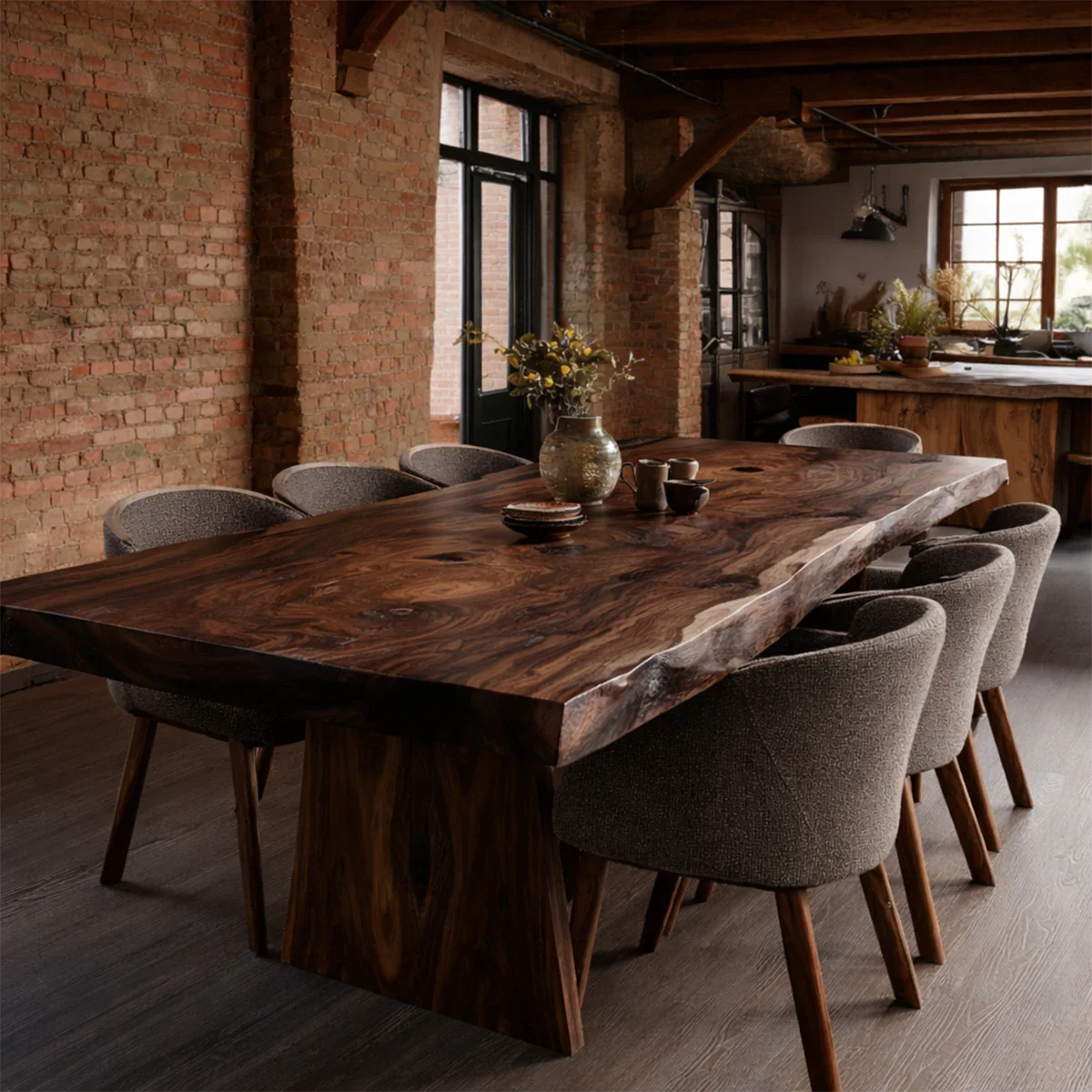 Handcrafted dining table in solid wood, styled in modern industrial dining room with brick walls