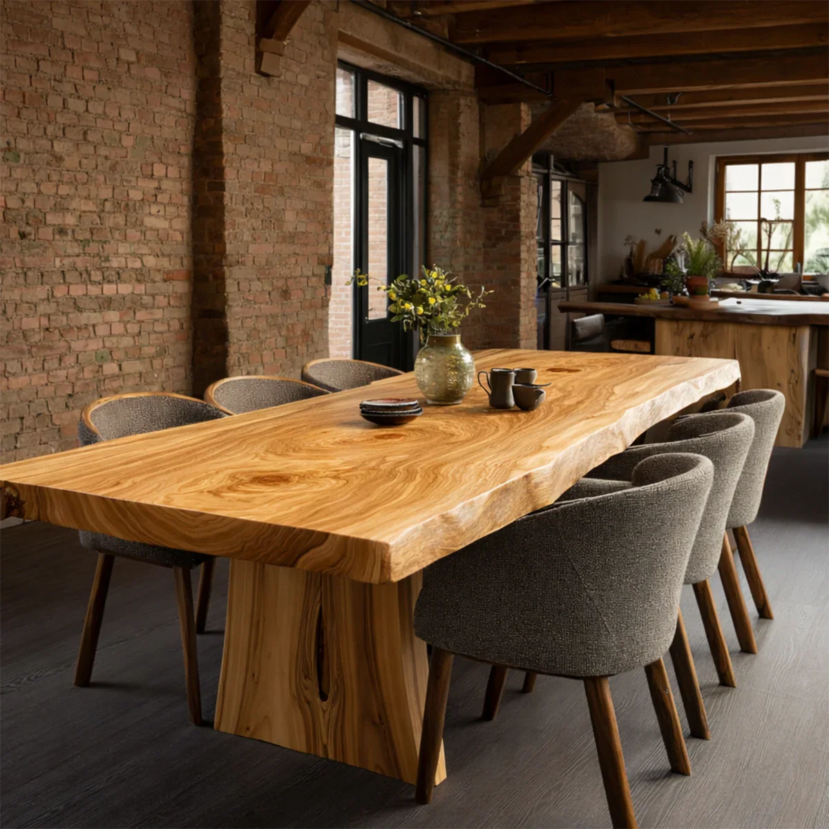 Natural wood slab dining table as centerpiece in spacious loft kitchen with exposed beams