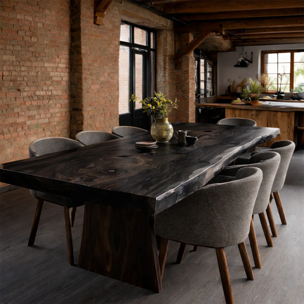 Modern industrial dining room featuring a premium wooden table with organic edge detailing