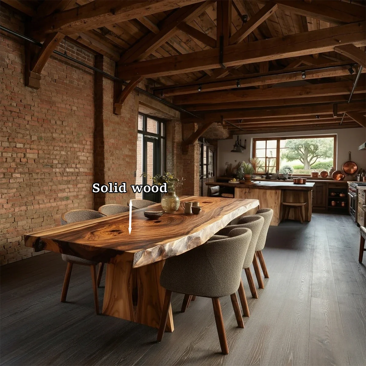 Contemporary dining table with unique wood grain, set in rustic loft kitchen with warm tones