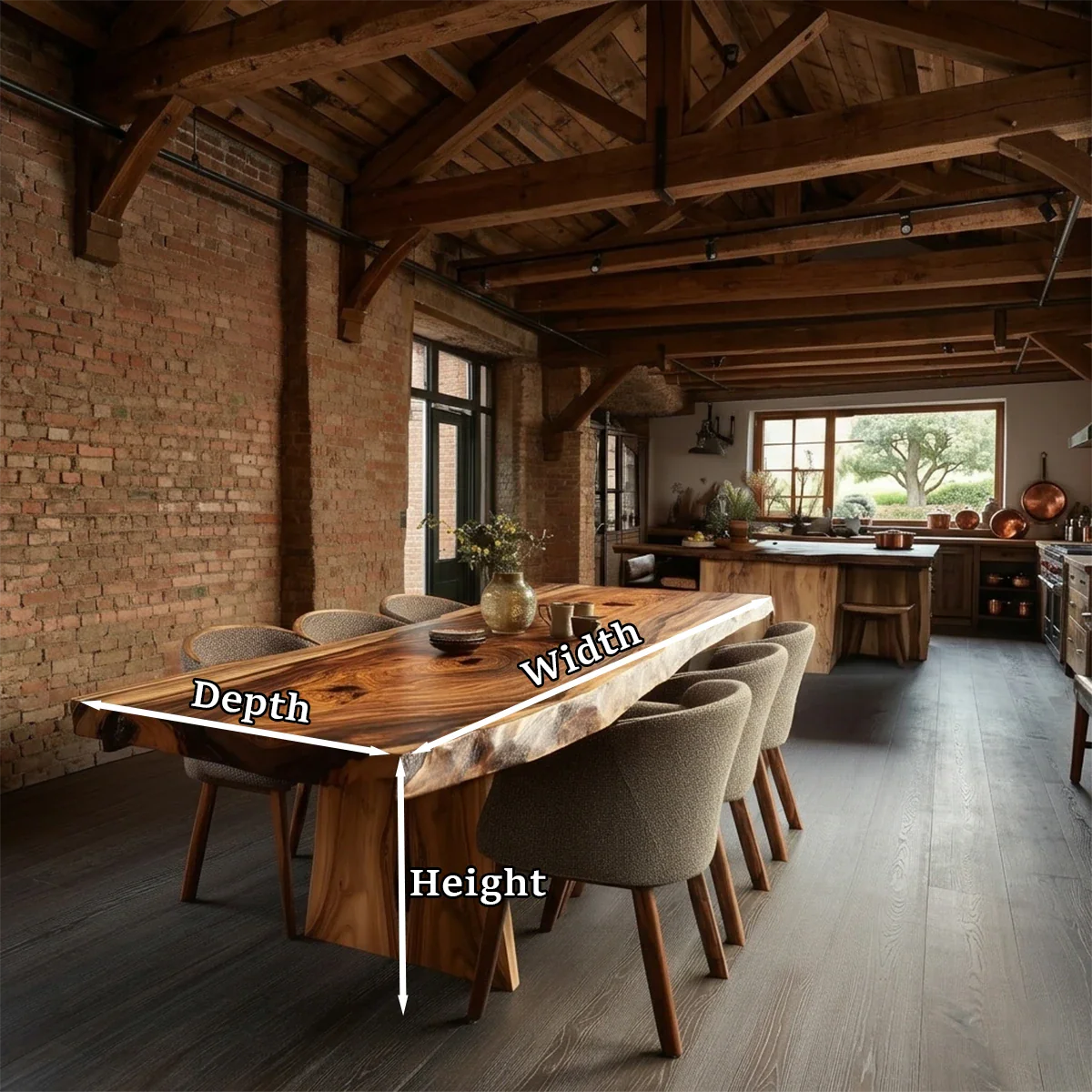 Luxury dining table with thick wood top placed in open concept industrial style interior