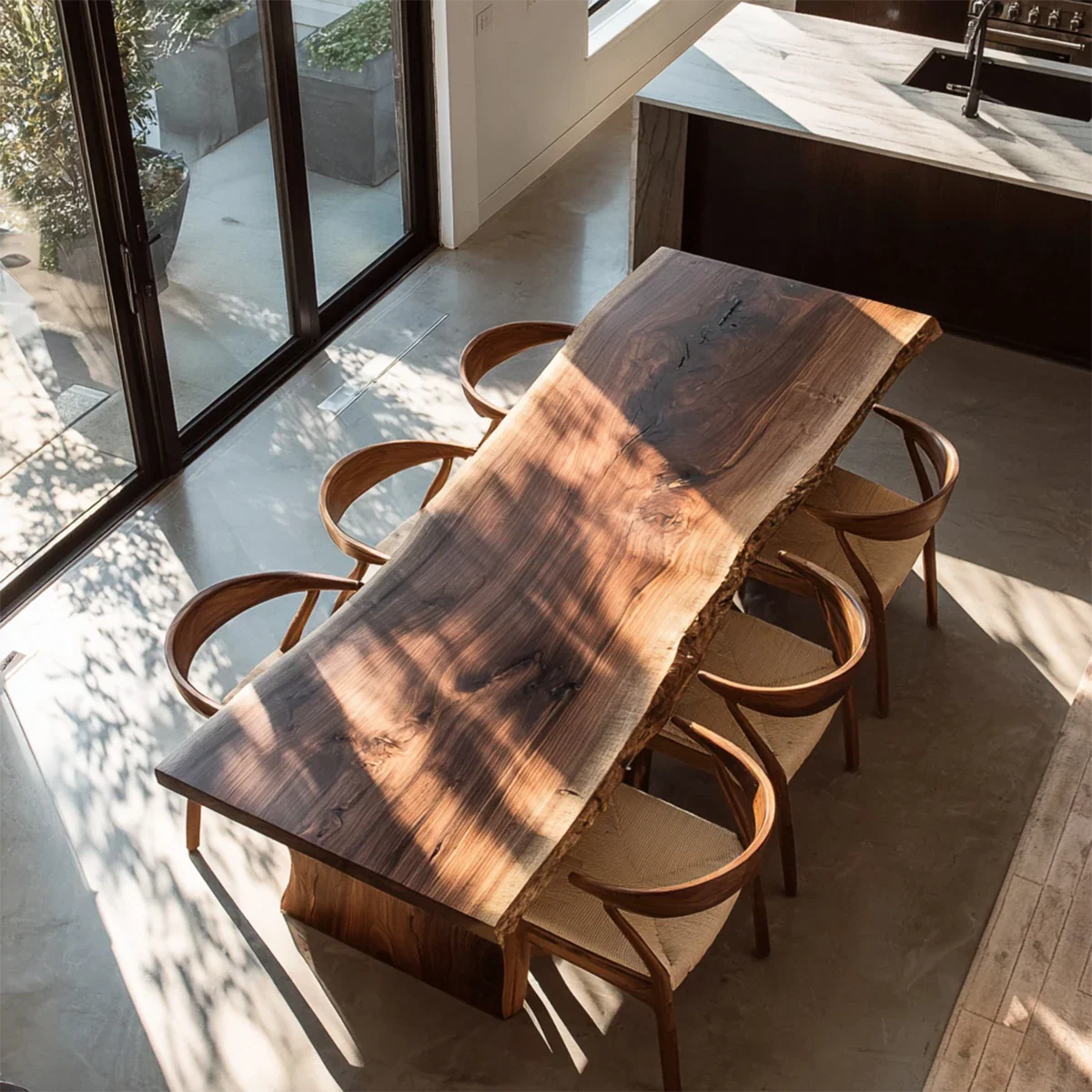 Live edge solid wood dining table with natural grain, modern kitchen space with soft natural light