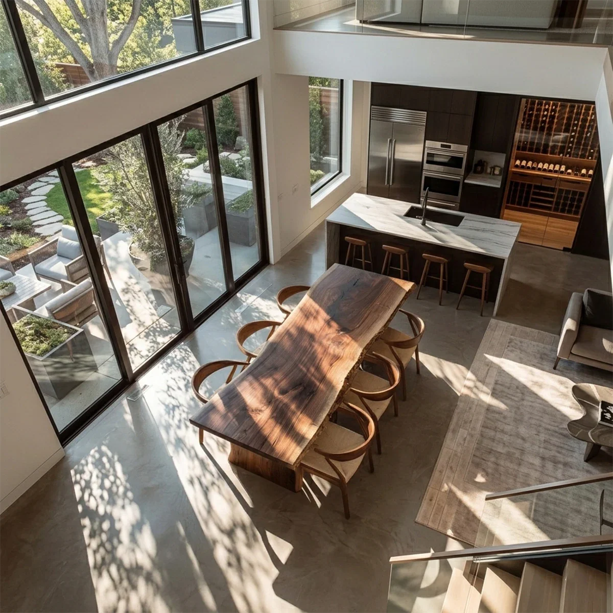 Contemporary dining table with organic wood slab, elegant minimalist kitchen and dining area