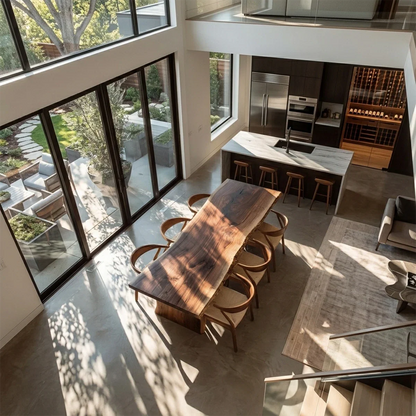 Contemporary dining table with organic wood slab, elegant minimalist kitchen and dining area