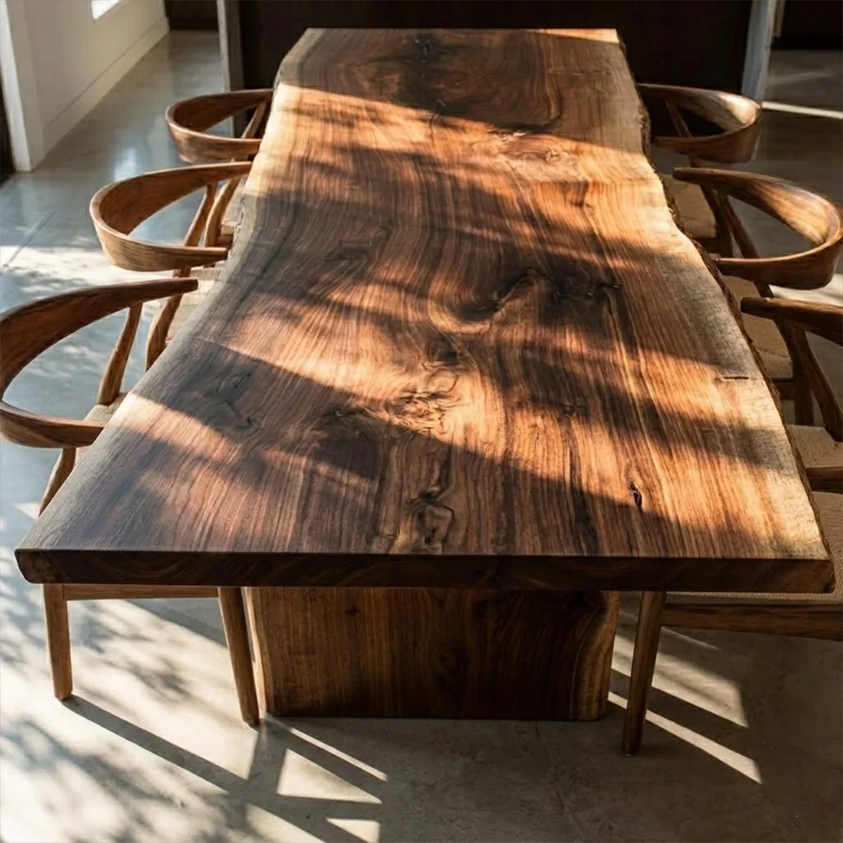 Modern handcrafted dining table with natural texture, perfect for bright open concept interiors