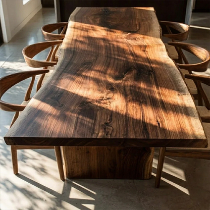 Modern handcrafted dining table with natural texture, perfect for bright open concept interiors