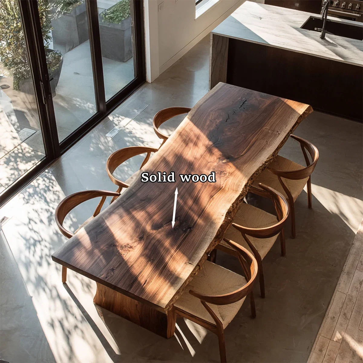 Elegant solid wood dining table with organic edges, ideal for modern open living environments