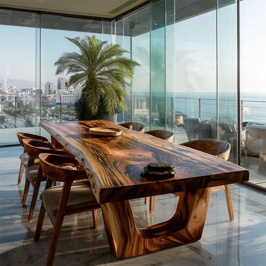 Live edge solid wood dining table with natural grain, luxury modern interior overlooking ocean view