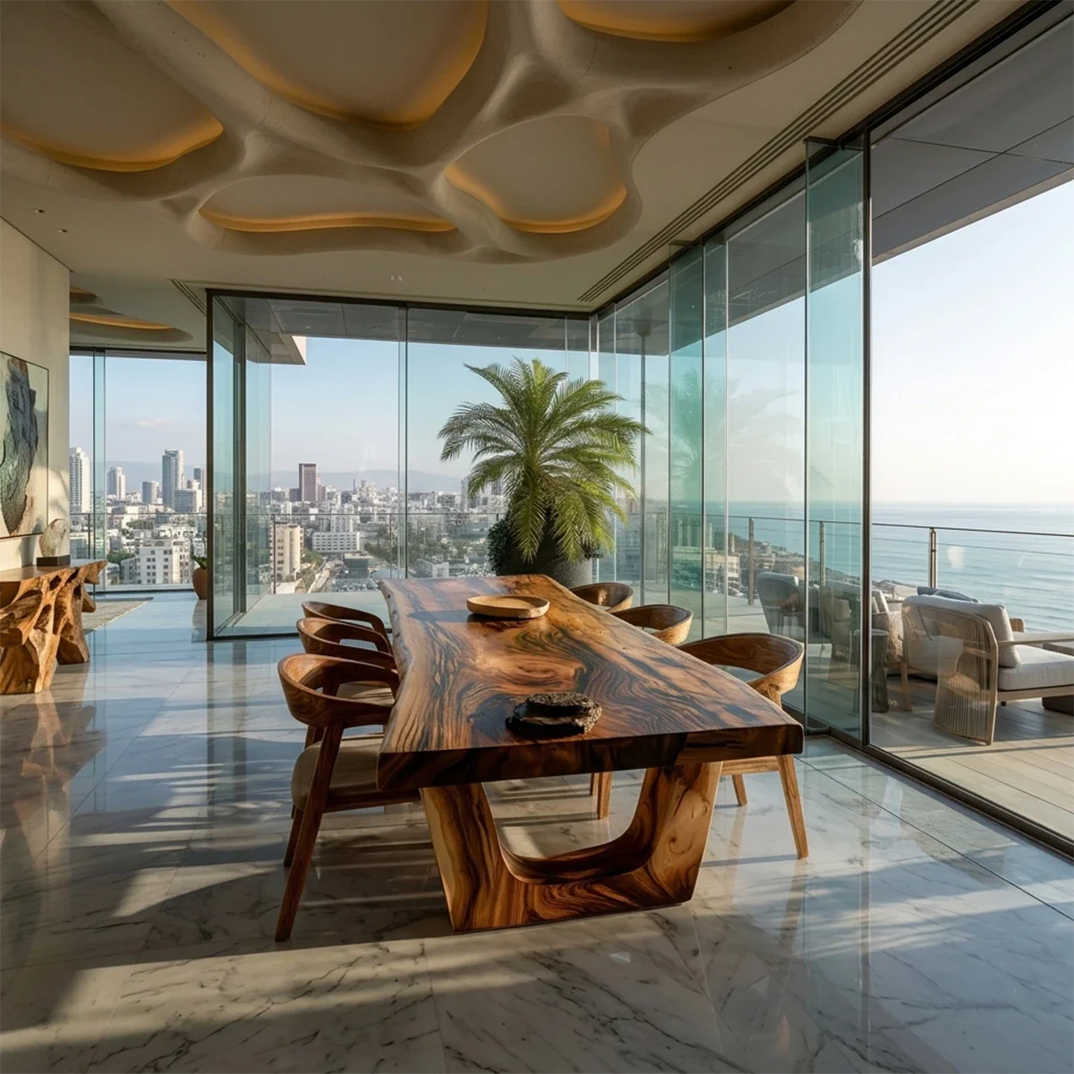 Contemporary dining table with thick wood slab top, elegant coastal home with panoramic glass walls
