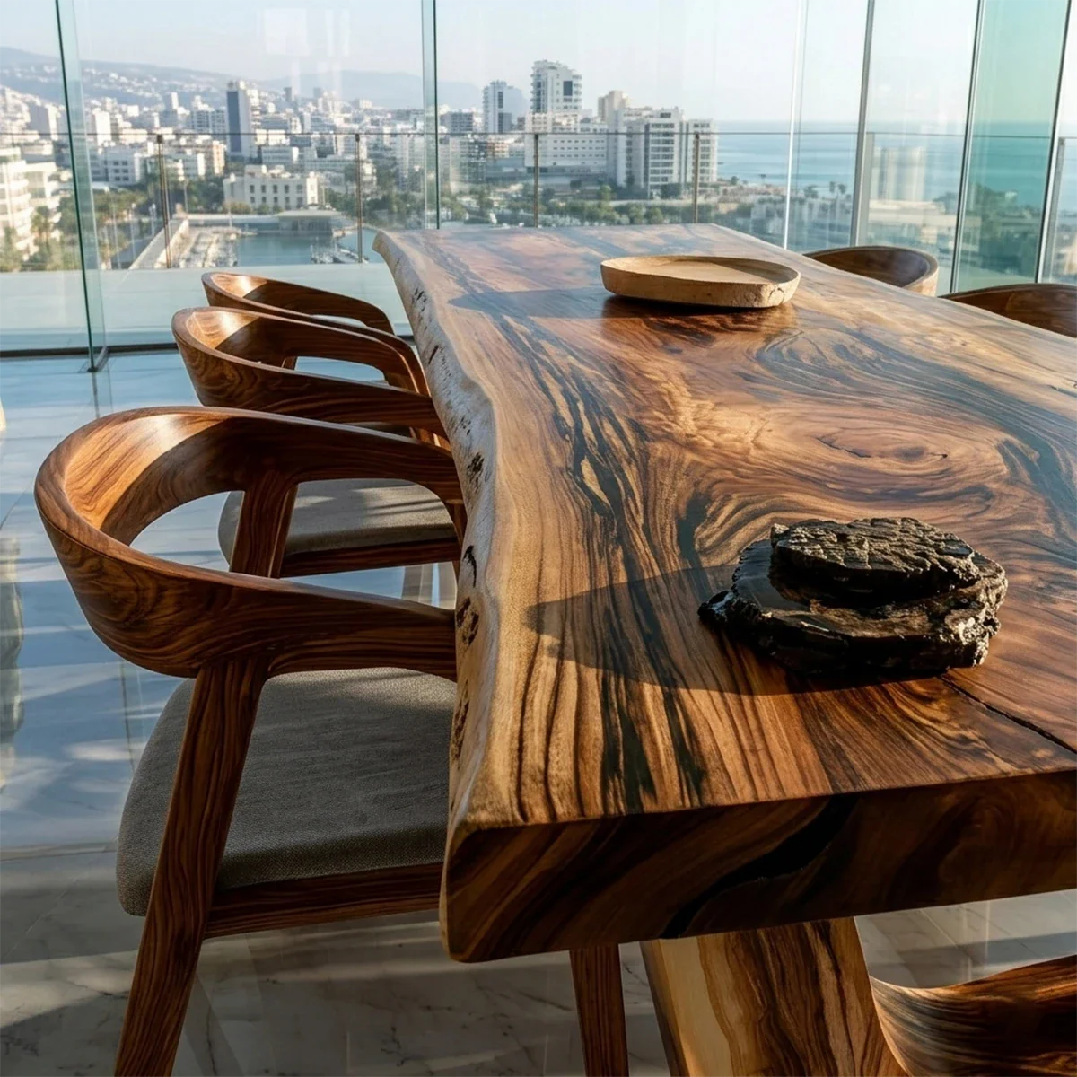Modern handcrafted dining table with organic wood texture, perfect for bright luxury dining space