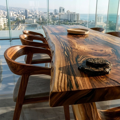 Modern handcrafted dining table with organic wood texture, perfect for bright luxury dining space