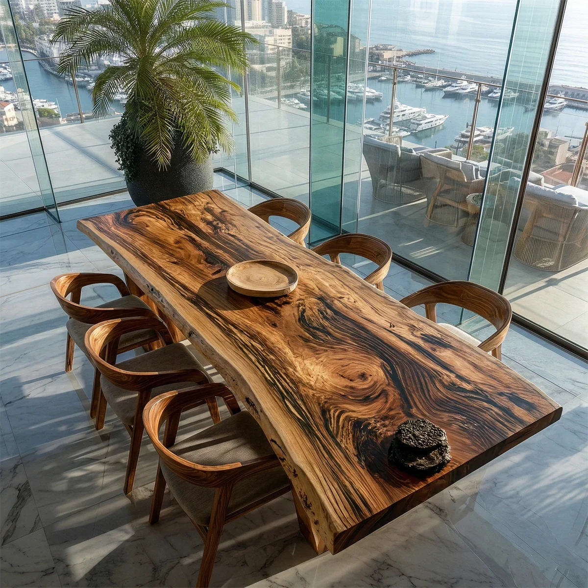 Luxury solid wood dining table with sculptural base, designed for upscale open concept interiors