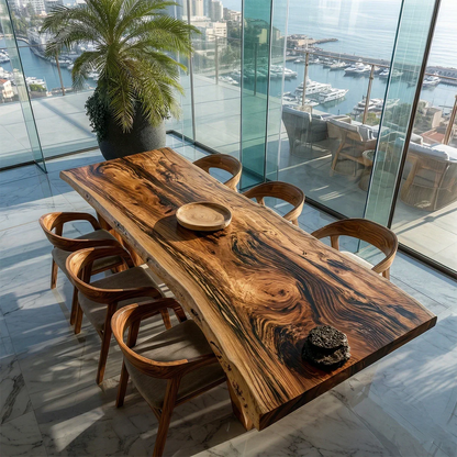Luxury solid wood dining table with sculptural base, designed for upscale open concept interiors
