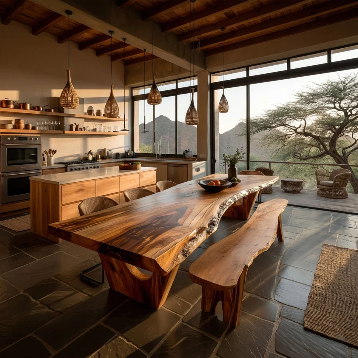 Live edge solid wood dining table with natural grain, modern rustic kitchen with mountain view