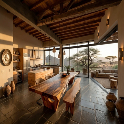 Contemporary dining table with organic wood slab, warm kitchen interior with natural lighting