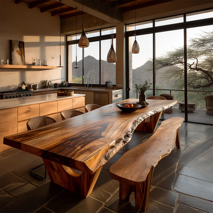 Modern handcrafted dining table with unique wood texture, perfect for open concept kitchen space