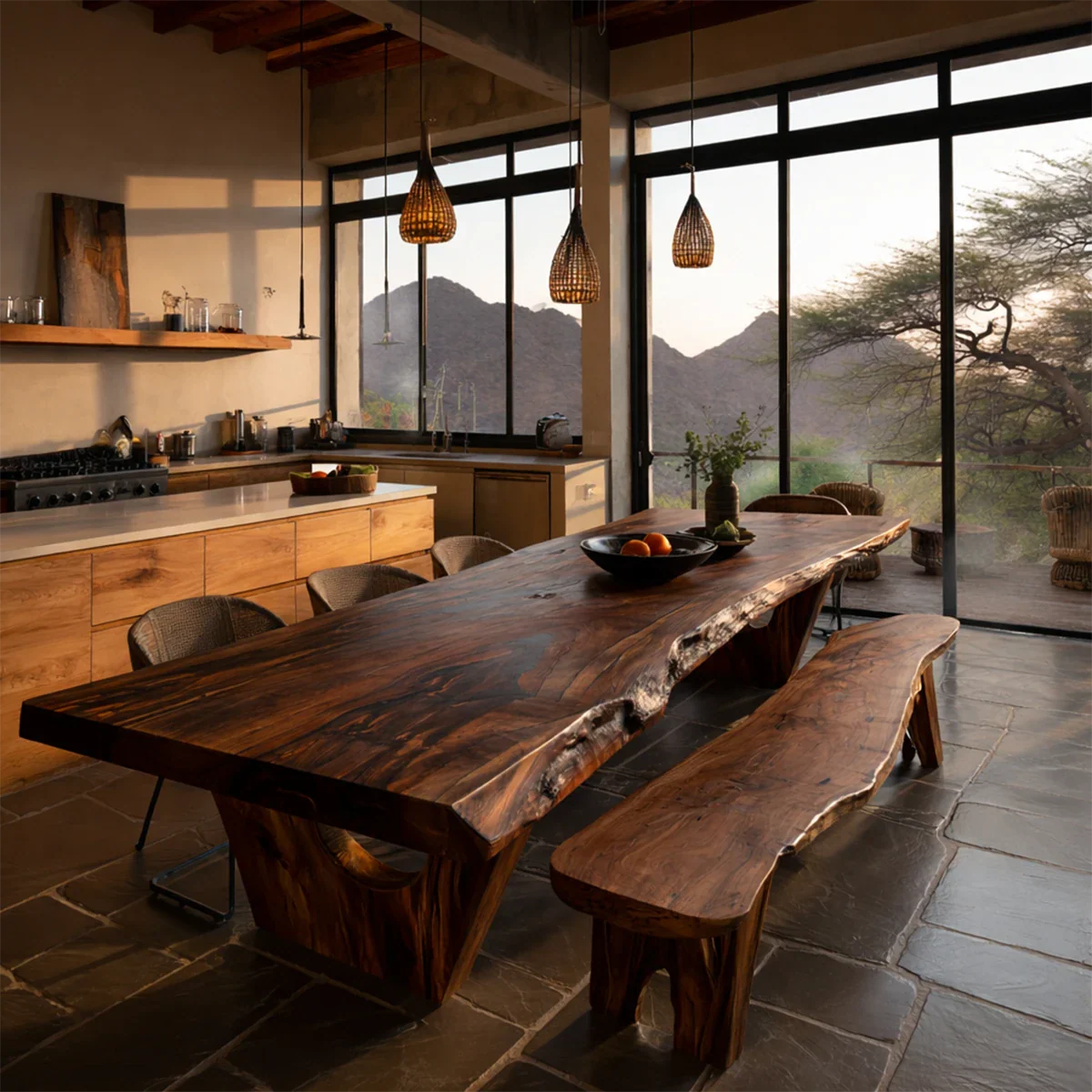 Minimalist dining table with natural wood grain detail, stylish and cozy interior environment