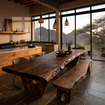 Minimalist dining table with natural wood grain detail, stylish and cozy interior environment
