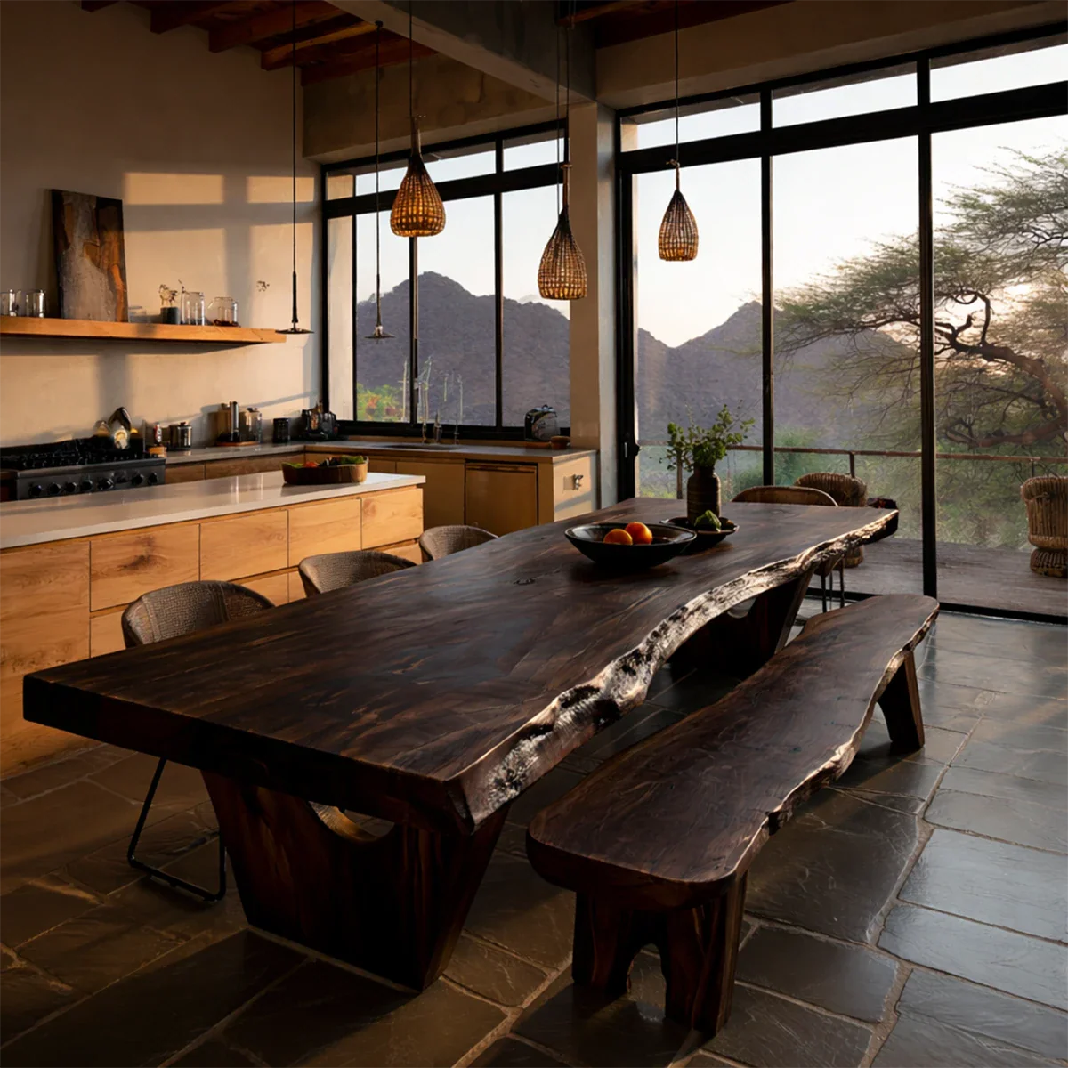 Premium wooden dining table with bold grain patterns, designed for elegant kitchen dining spaces