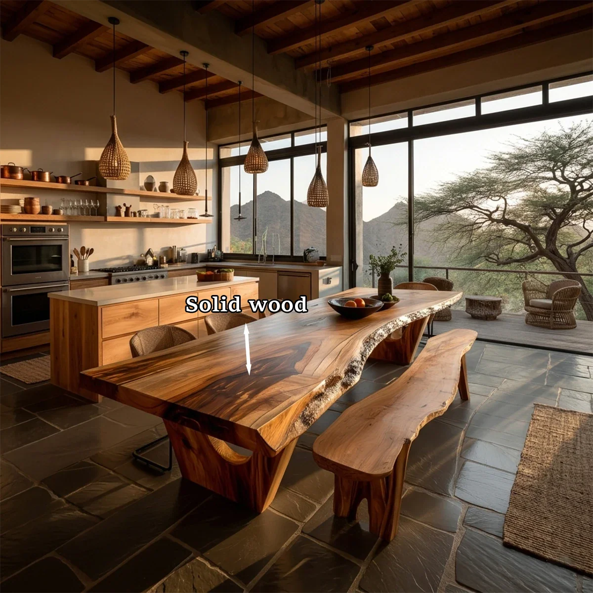 Elegant solid wood dining table with organic edges, ideal for warm modern interior design