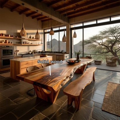 Elegant solid wood dining table with organic edges, ideal for warm modern interior design